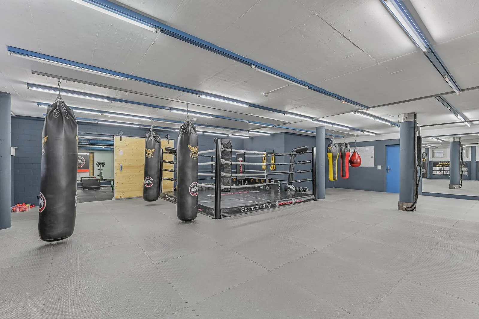 Boxhalle mit Ring und Sandsäcken im MOVEON Luzern